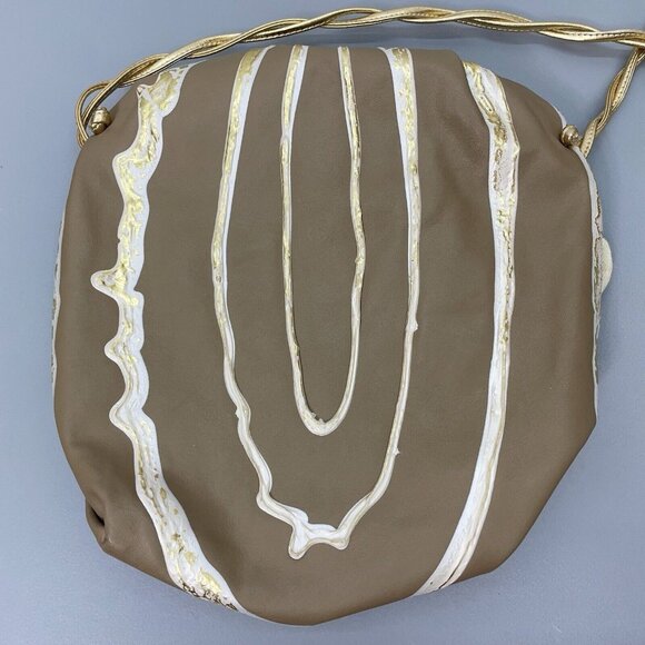 Vintage 80s Terry Toni Shoulder Bag Purse Hand Painted White Gold Leather Brown - Picture 6 of 16